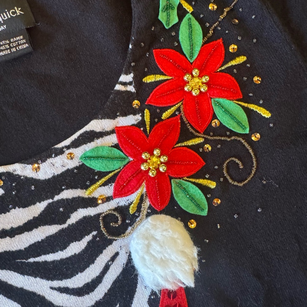 Jack B Quick Womens L Christmas Top Santa Poinsettias Beaded Zebra Print Vintage - Picture 3 of 5